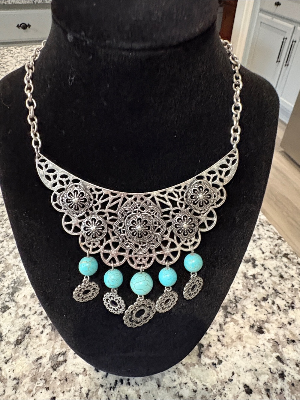 Bohemian Filigree Silver Necklace with Turquoise Beads